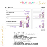 Purple Unicorn Summer Camp Camping Note Cards Stationery • Fill in Blank, Lined or Blank Cards