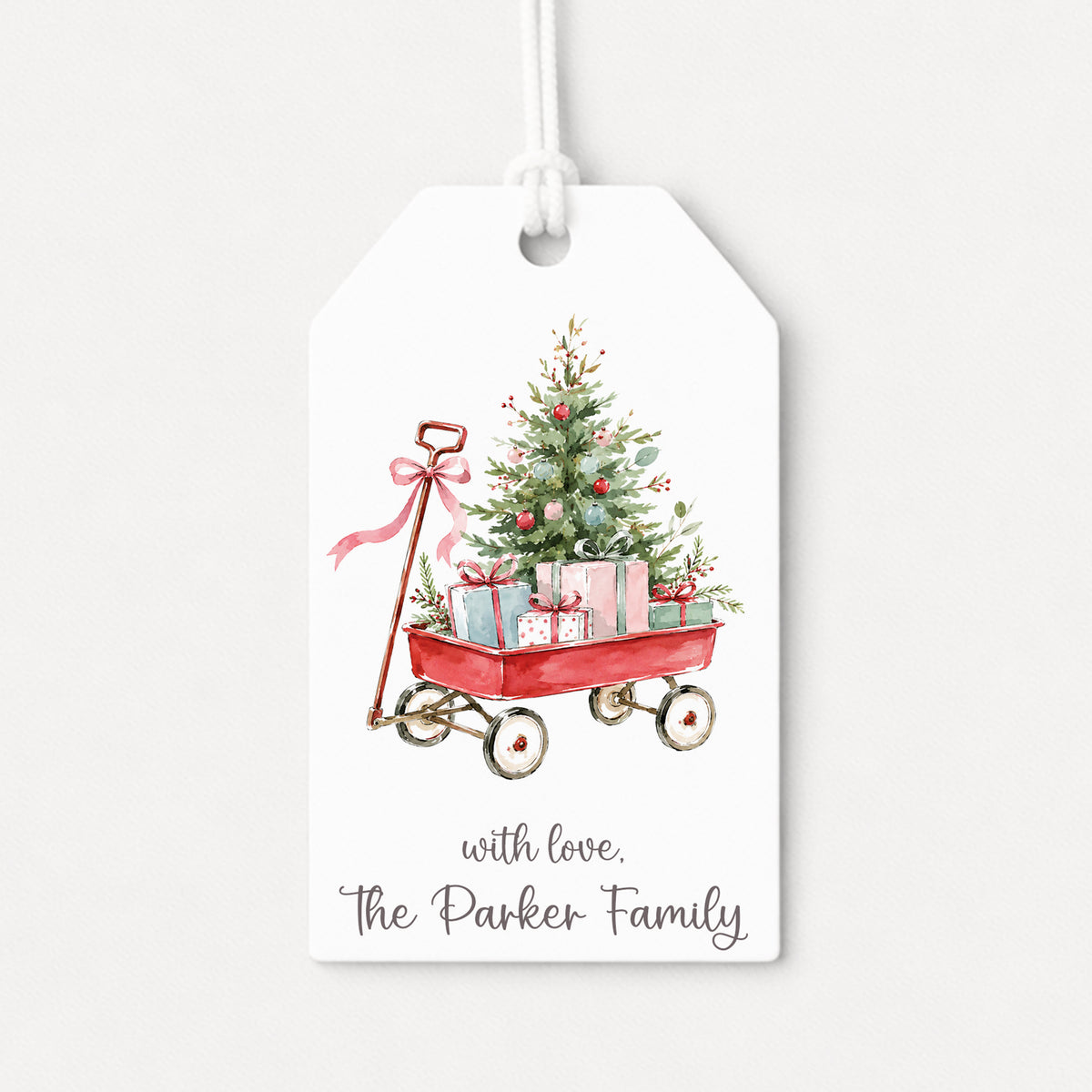 Wagon Coquette Bow Christmas Tree Personalized Gift Tags • Christmas Holiday Gift Wrapping • Custom Family Name Tag • Gifts Whimsical