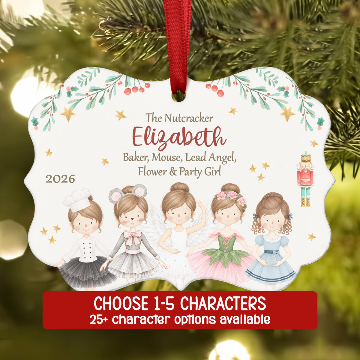 Select up to 5 Roles • Nutcracker Christmas Ornament Personalized Custom Holiday Decor Gift Boy Girl Ballerina Ballet Watercolor