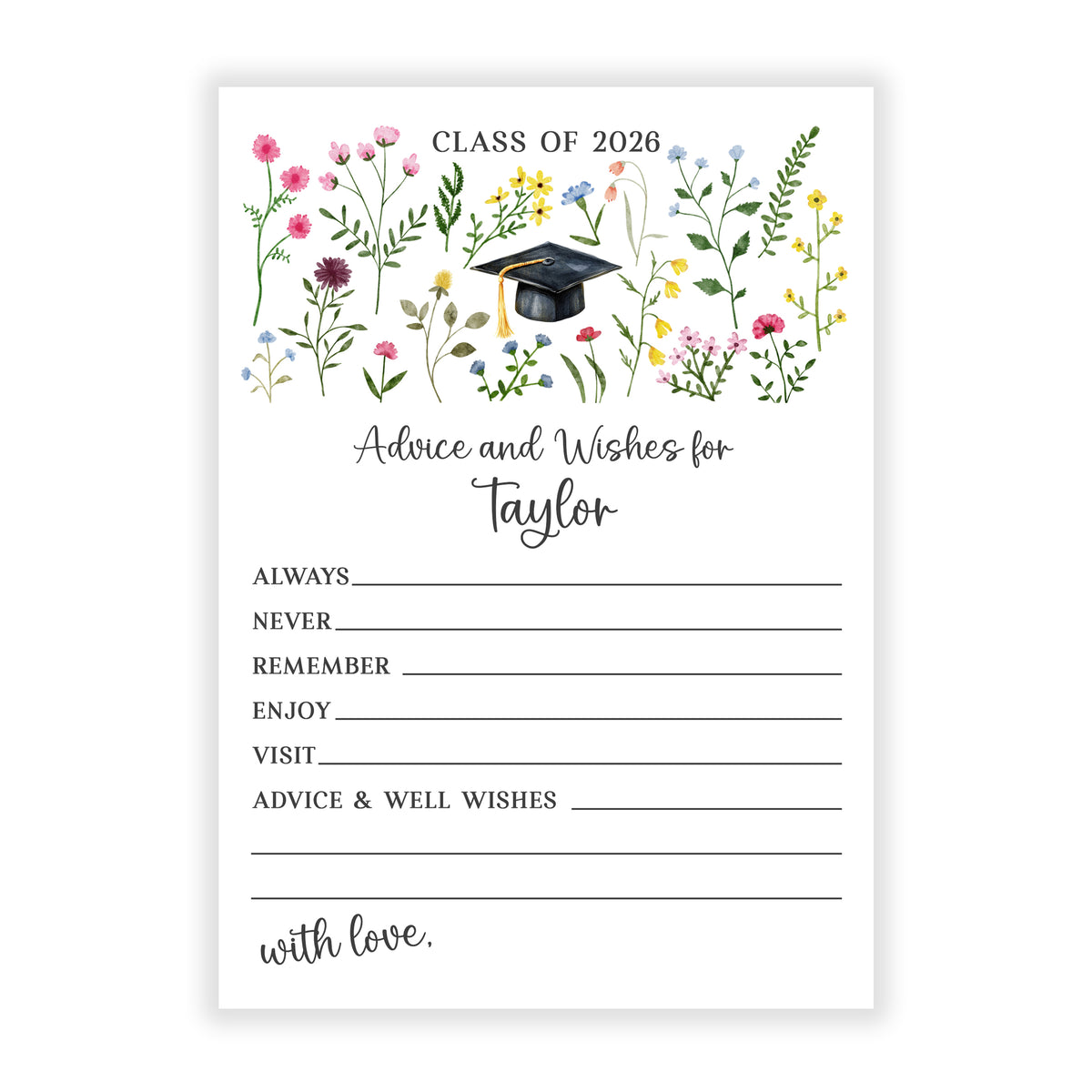 Wildflower Graduation Party Advice Wish Wishes Cards Personalized Flat Stationery Custom Printed Party Open House Decorations Graduate Decor