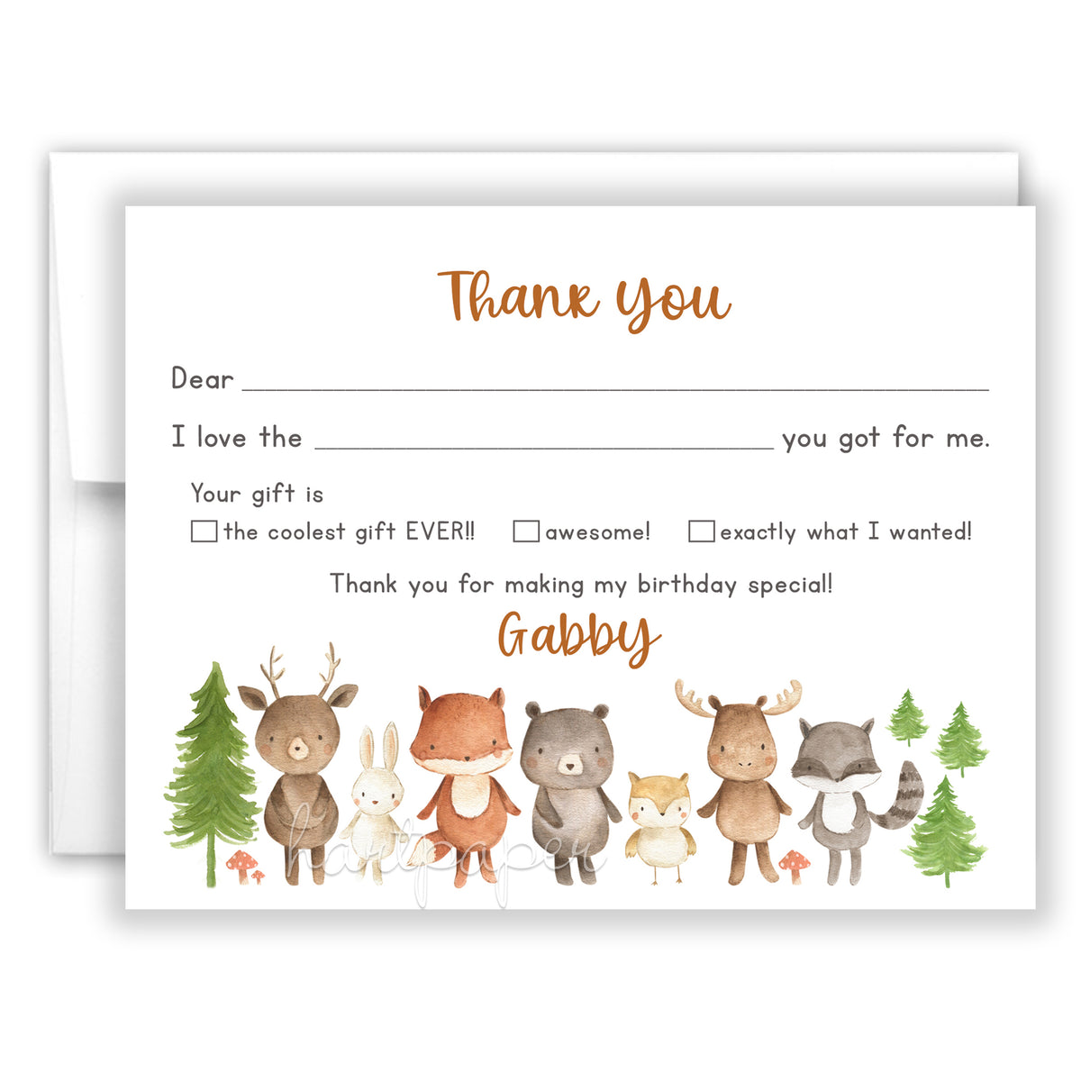 Woodland Animals Thank You Note Card Personalized Custom Stationery • Fill in Blank, Lined or Blank Cards