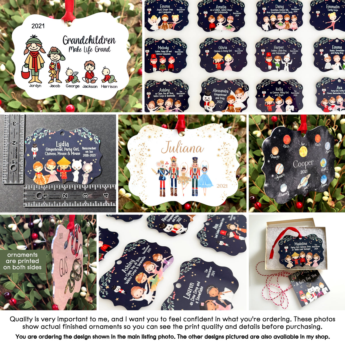 The image is a collage of various Christmas ornaments and designs, showcasing different styles and themes. The collage includes images of ornaments with children, a family tree, and a nativity scene. The text in the image emphasizes the importance of quality and the need to see the print quality and details before purchasing the ornaments. The collage also includes a note about ordering the design shown in the main listing photo.