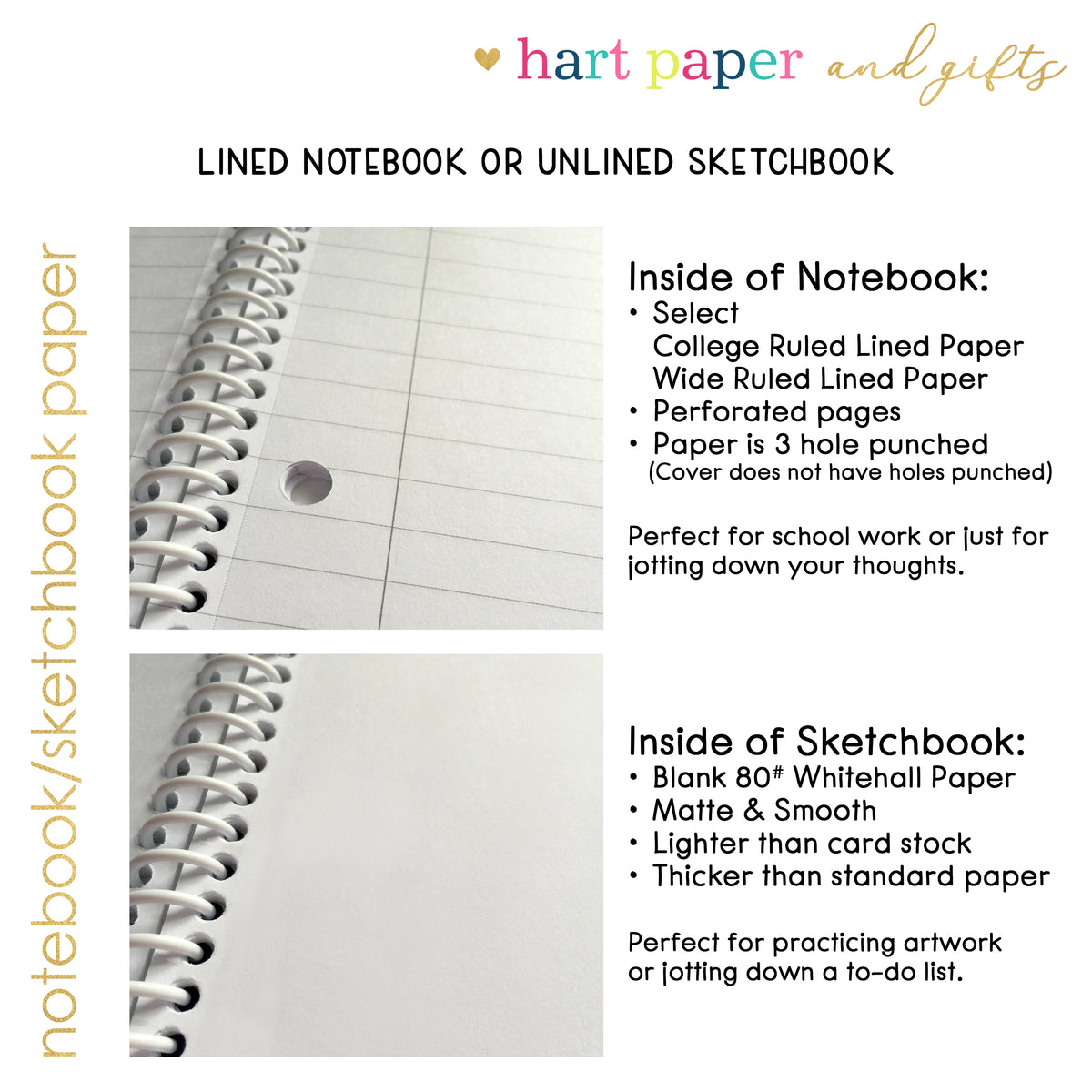 two notebooks and a sketchbook, with text providing information about their uses.