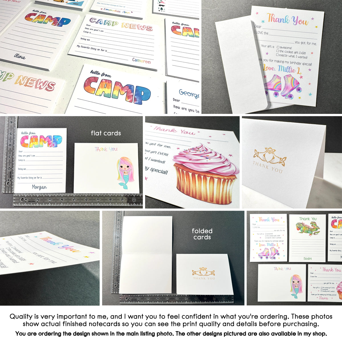 The image is a collage of various printed camp-related items, including flat cards, folded cards, and a cupcake-themed card. The photos showcase the quality and design of the camp-related items, allowing the viewer to feel confident in their purchase decision.