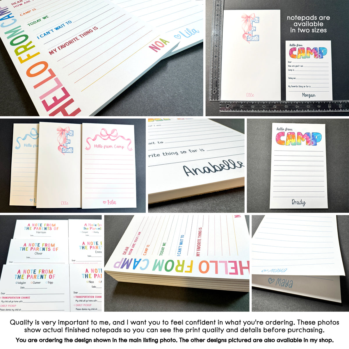 The image is a collage of various colorful and personalized notepads, showcasing different designs and messages. The photos display the quality and details of the printed notepads, allowing the viewer to see the print quality before purchasing. The collage also includes a note about ordering confidence and additional designs available in the shop.