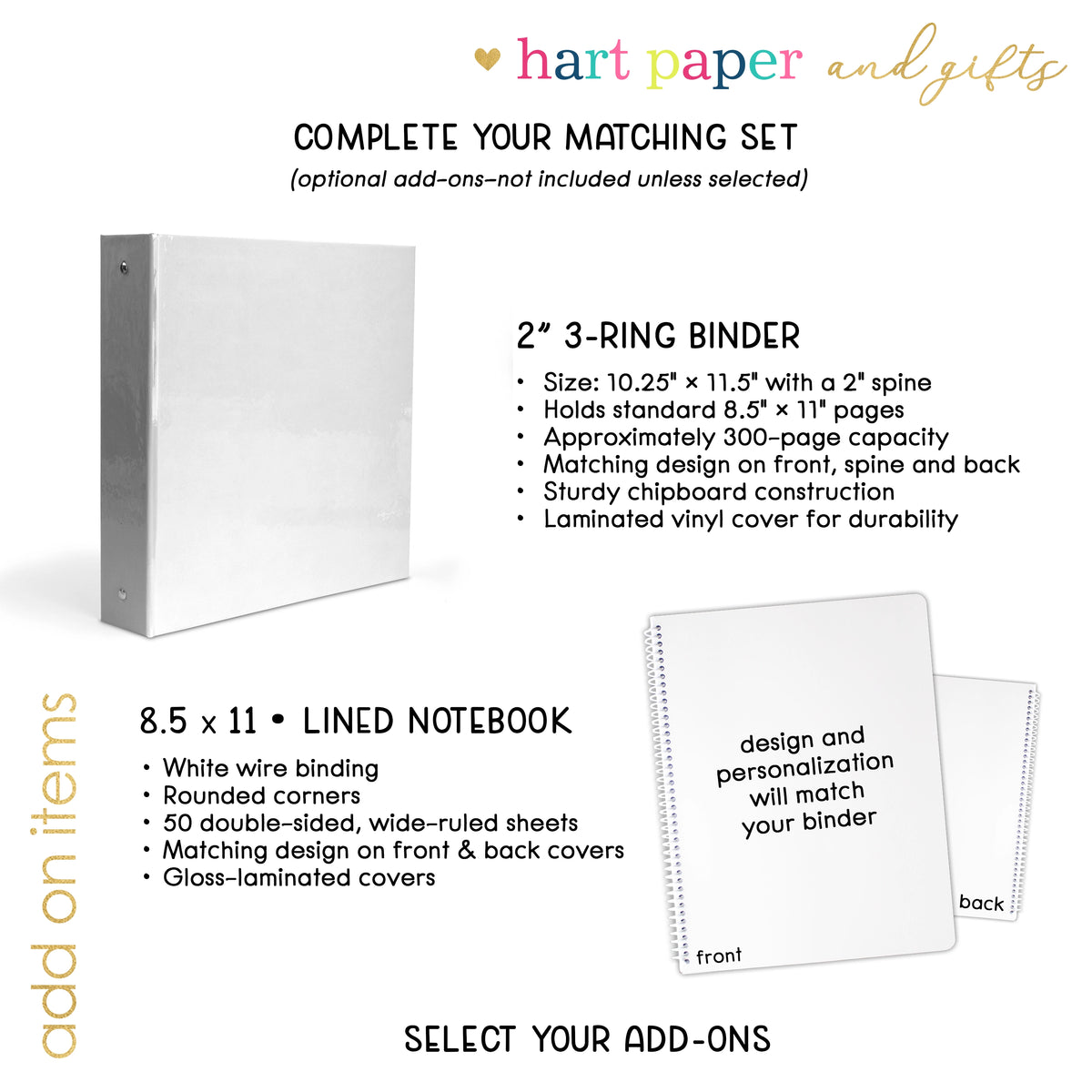 The image is a set of items, including a 2" 3-ring binder and a lined notebook, with a description of their features and a note about selecting add-ons when placing a binder order.