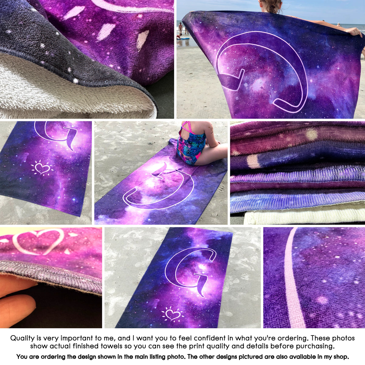 The image is a collage of photos showcasing various designs of a purple and blue towel with a space-themed pattern. The photos display the finished product, allowing the viewer to see the print quality and details before purchasing. The photos are arranged in a way that highlights the design and features of the towel, and the text provides information about the importance of seeing the actual product before making a purchase.