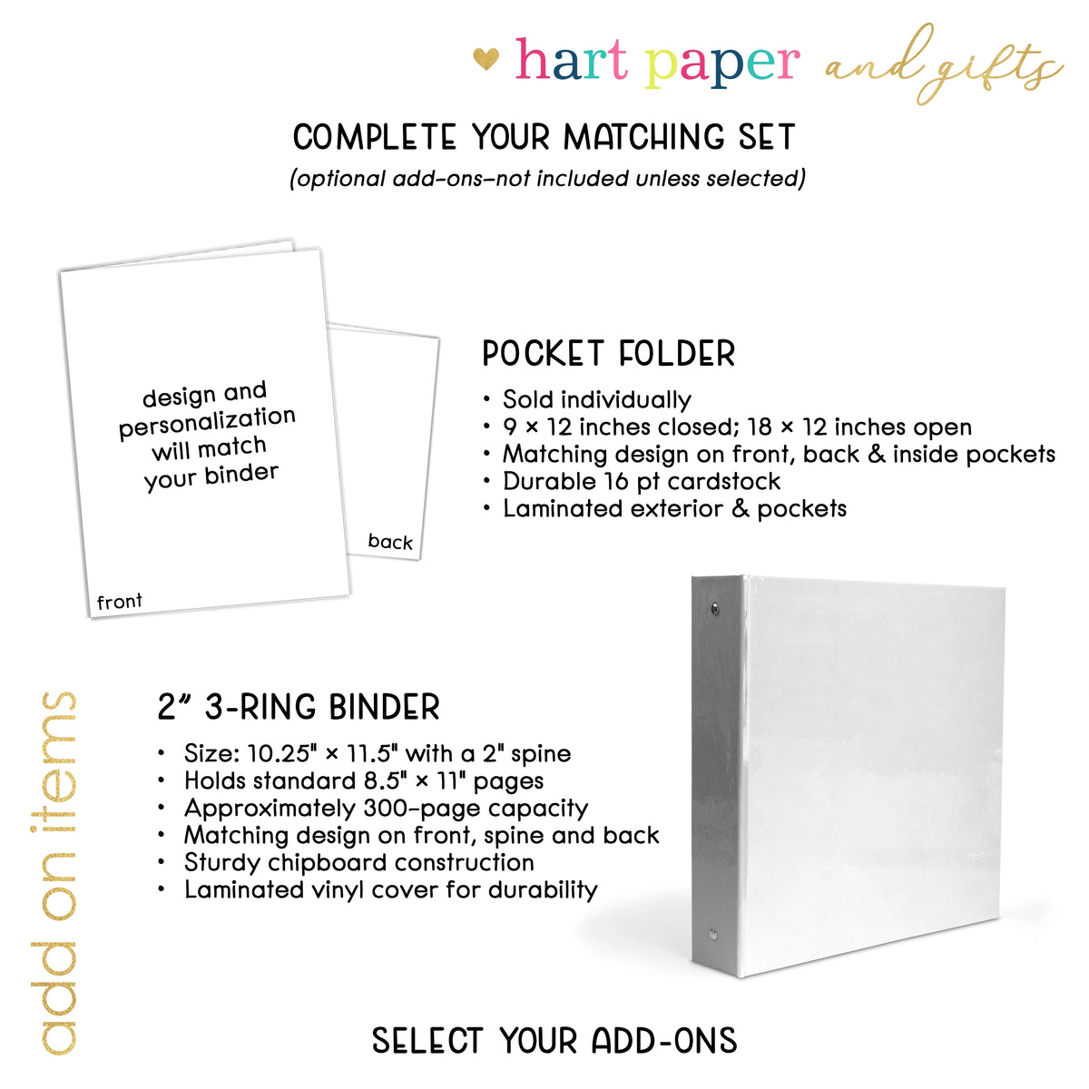 The image is a set of two different types of binders, a pocket folder and a 3-ring binder, with a description of their features and a list of their sizes.