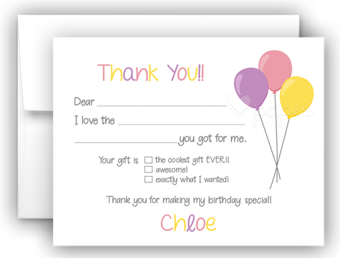 Balloons Thank You Cards Note Card Stationery •  Fill In the Blank Stationery Thank You Cards - Everything Nice