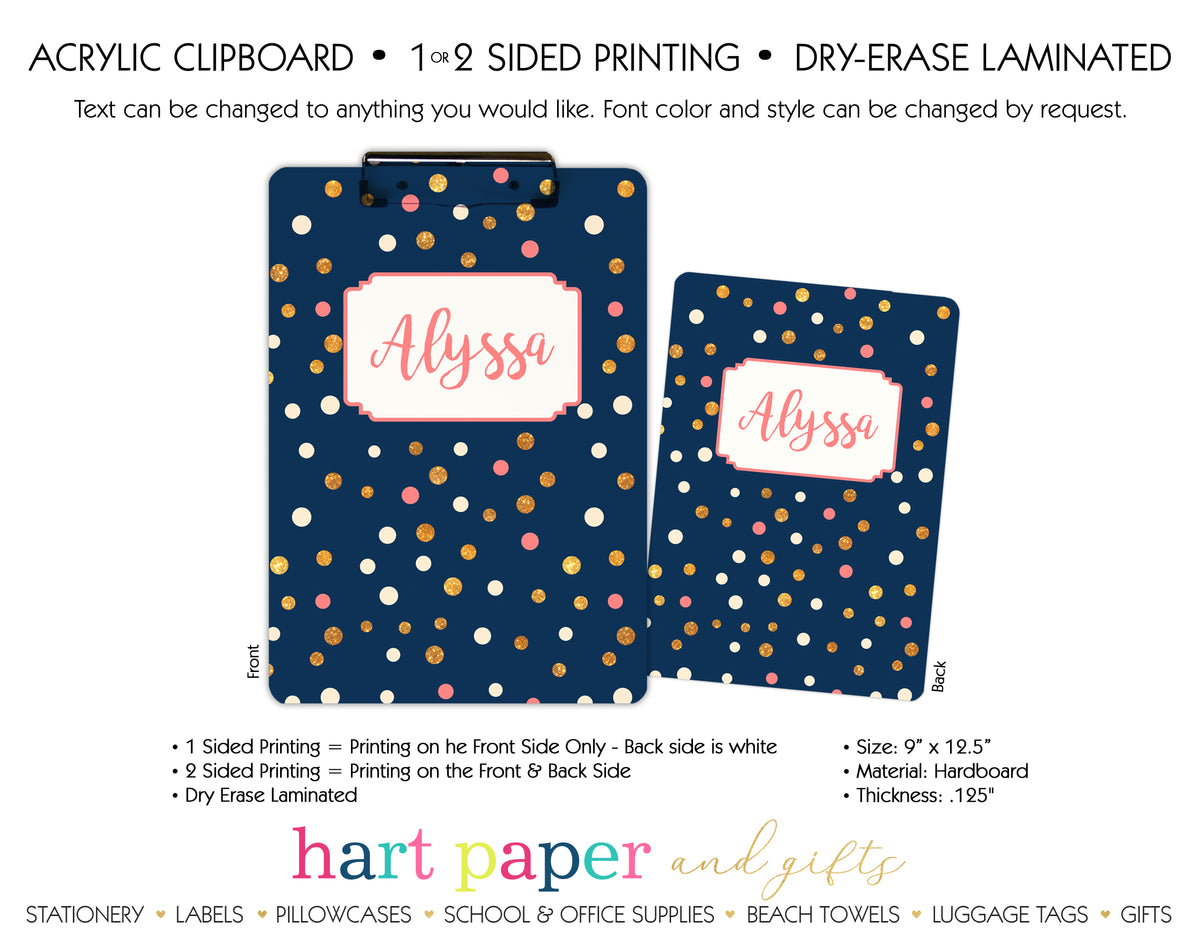 Navy Blue, Gold & Pink Polka Dot Personalized Clipboard School & Office Supplies - Everything Nice