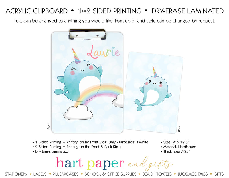 Narwhal Sea Unicorn Rainbow Personalized Clipboard School & Office Supplies - Everything Nice
