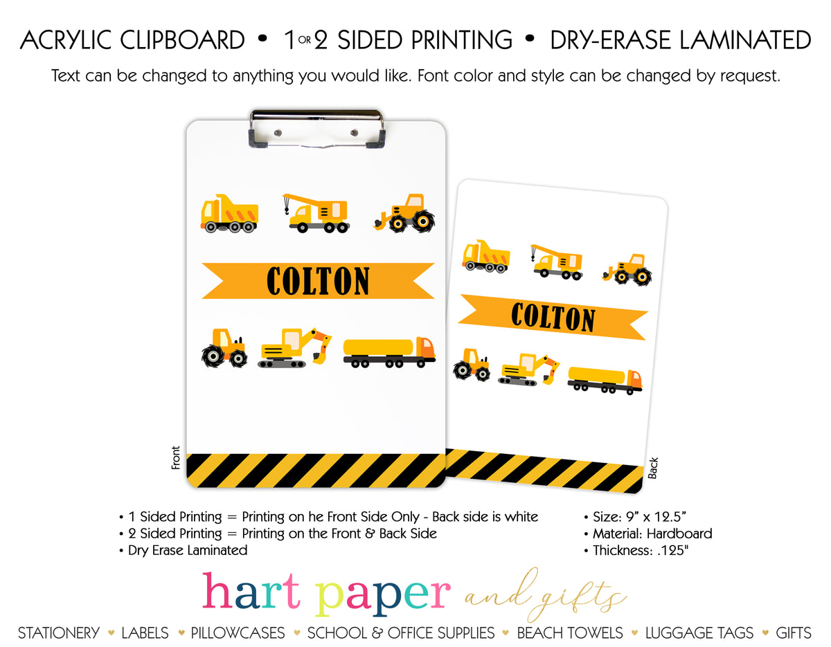 Construction Trucks Personalized Clipboard School & Office Supplies - Everything Nice