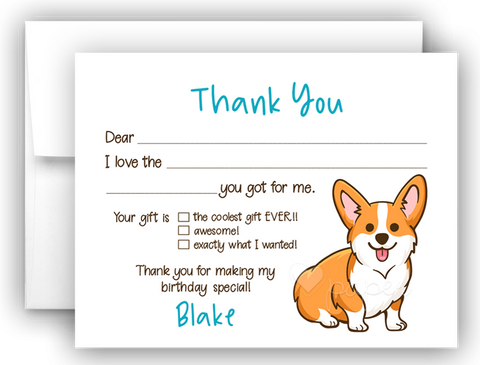 Corgi Dog Thank You Cards Note Card Stationery •  Fill In the Blank Stationery Thank You Cards - Everything Nice