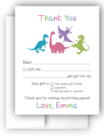 Girly Dinosaur Thank You Cards Note Card Stationery •  Fill In the Blank Stationery Thank You Cards - Everything Nice