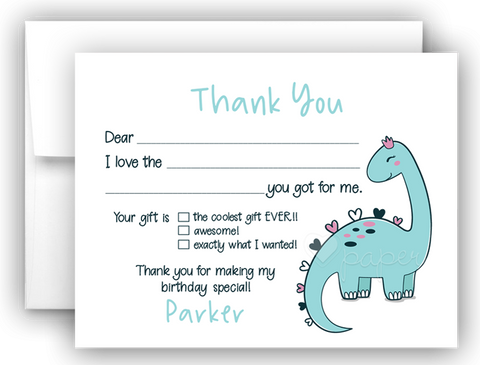 Girly Dinosaur Thank You Cards Note Card Stationery •  Fill In the Blank Stationery Thank You Cards - Everything Nice