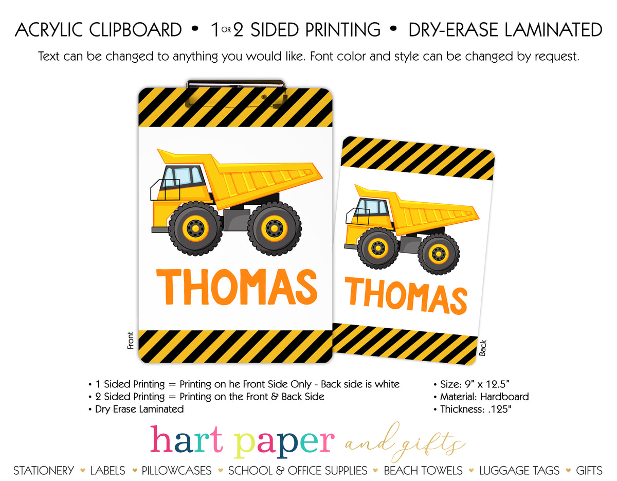 Dump Truck Personalized Clipboard School & Office Supplies - Everything Nice