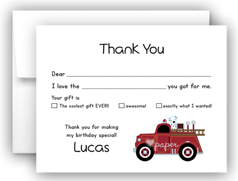 Firetruck Thank You Cards Note Card Stationery •  Fill In the Blank Stationery Thank You Cards - Everything Nice