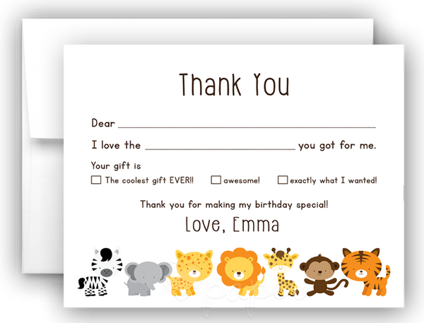 Safari Animals Thank You Cards Note Card Stationery •  Fill In the Blank Stationery Thank You Cards - Everything Nice