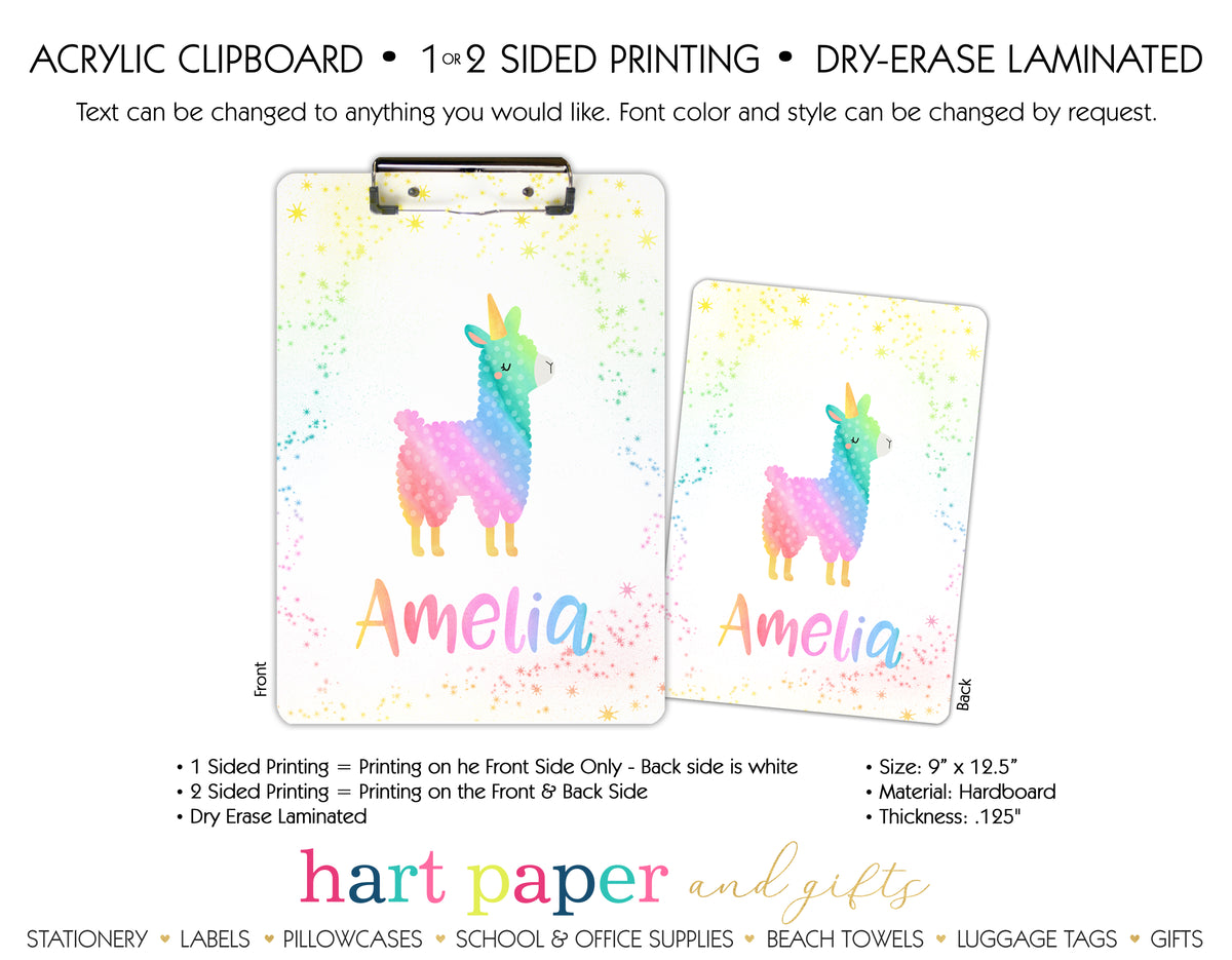 Rainbow Llama Personalized Clipboard School & Office Supplies - Everything Nice