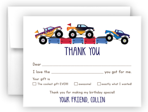 Monster Truck Thank You Cards Note Card Stationery •  Fill In the Blank Stationery Thank You Cards - Everything Nice