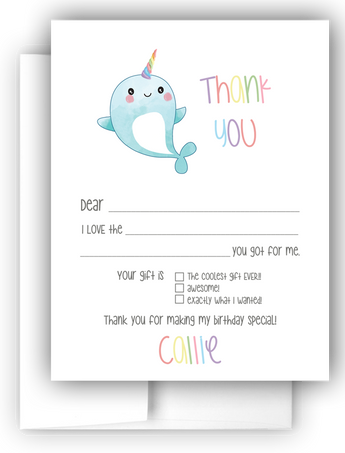 Rainbow Narwhal Thank You Cards Note Card Stationery •  Fill In the Blank Stationery Thank You Cards - Everything Nice