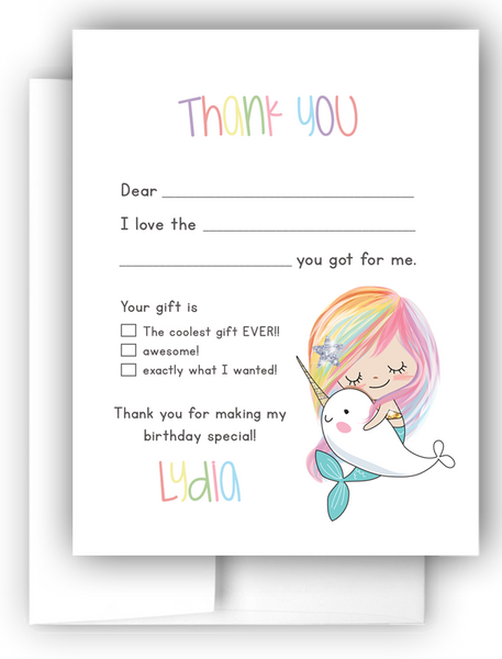 Mermaid & Narwhal Thank You Cards Note Card Stationery •  Fill In the Blank Stationery Thank You Cards - Everything Nice