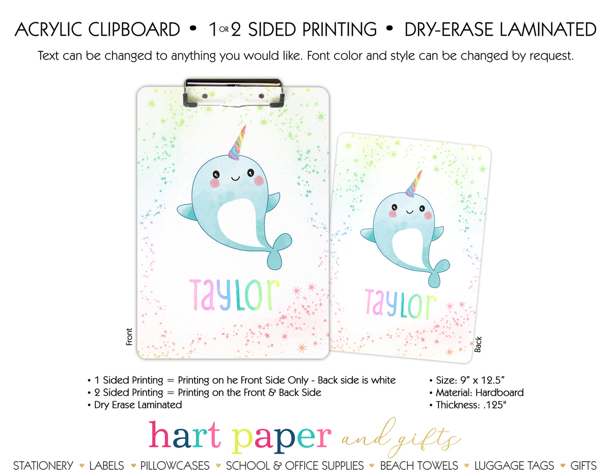 Narwhal Sea Unicorn Rainbow Personalized Clipboard School & Office Supplies - Everything Nice