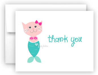 Mercat Mermaid Kitten Cat Printed Thank You Cards • Folded Flat Note Card Stationery Stationery Thank You Cards - Everything Nice