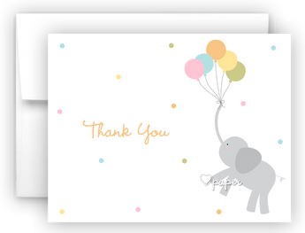 Elephant with Balloons Thank You Cards Note Card Stationery •  Flat or Folded Stationery Thank You Cards - Everything Nice