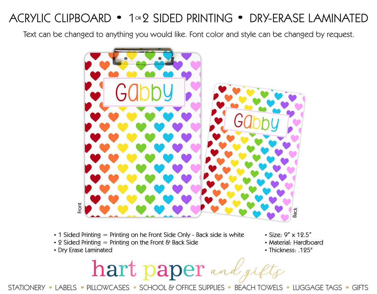 Rainbow Hearts Personalized Clipboard School & Office Supplies - Everything Nice