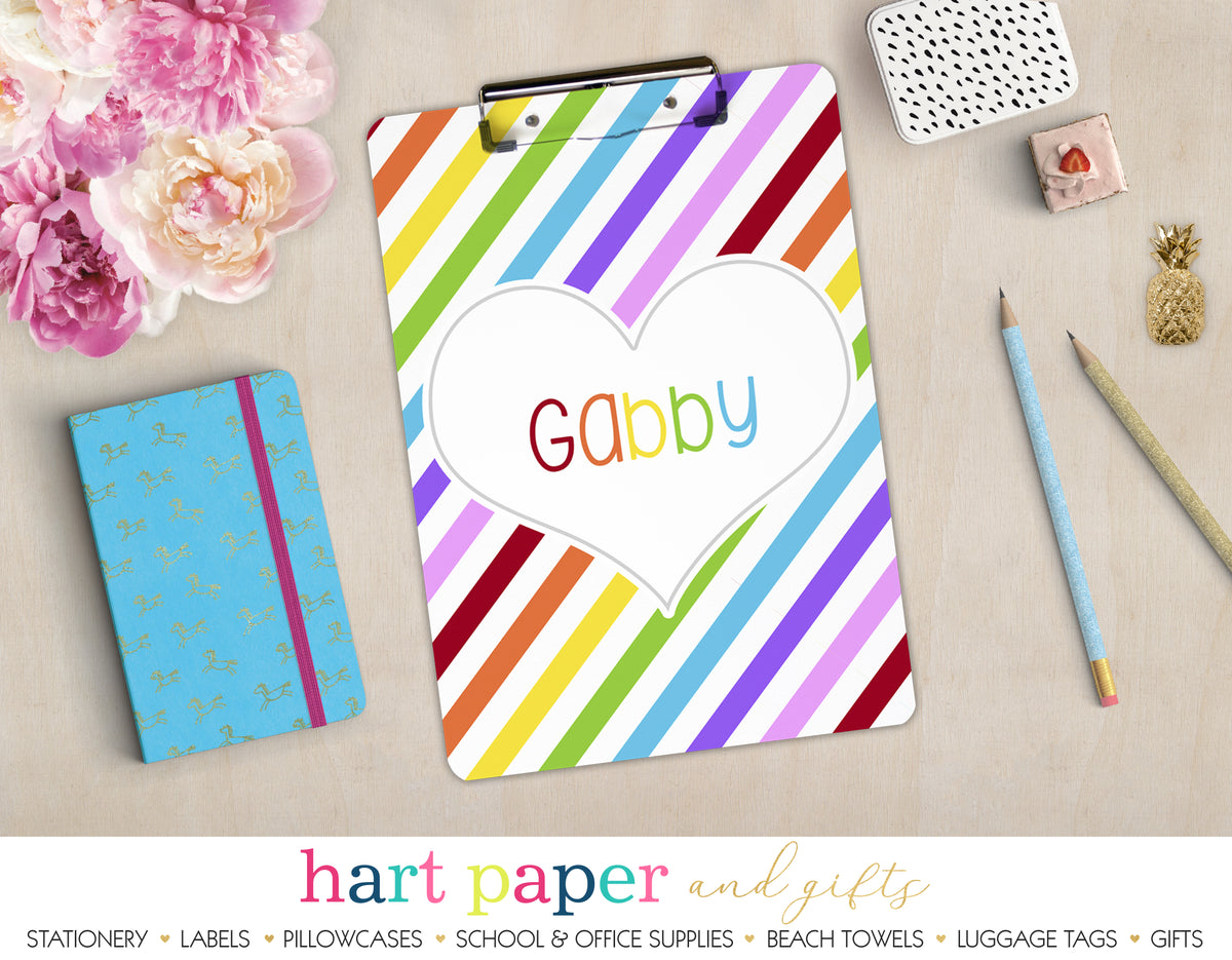 Rainbow Hearts & Stripes Personalized Clipboard School & Office Supplies - Everything Nice