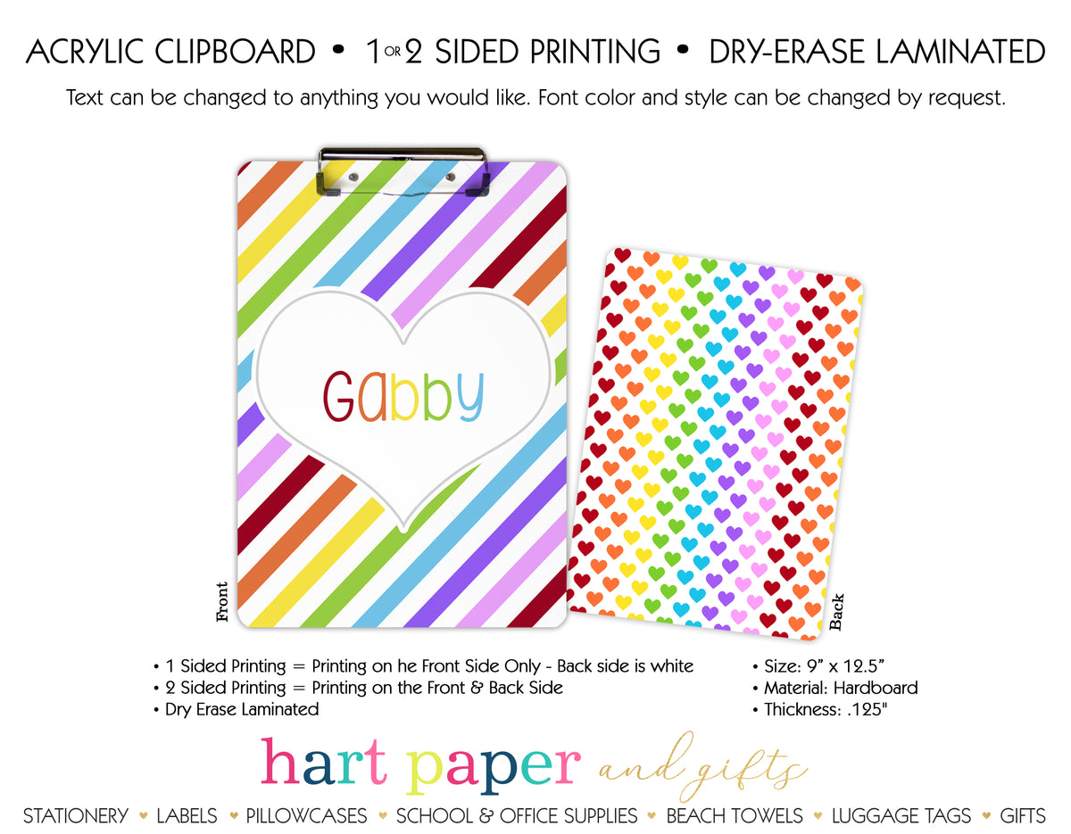 Rainbow Hearts & Stripes Personalized Clipboard School & Office Supplies - Everything Nice