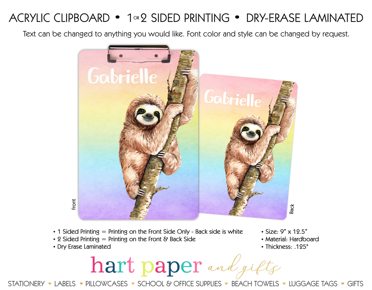 Rainbow Sloth Personalized Clipboard School & Office Supplies - Everything Nice