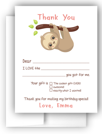 Sloth Thank You Cards Note Card Stationery •  Fill In the Blank Stationery Thank You Cards - Everything Nice