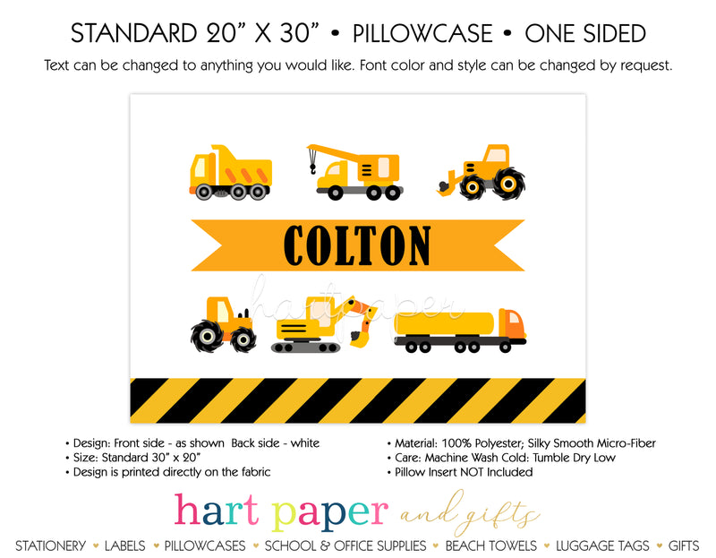 Construction Trucks Personalized Pillowcase Pillowcases - Everything Nice