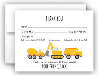 Construction Truck Thank You Cards Note Card Stationery •  Fill In the Blank Stationery Thank You Cards - Everything Nice